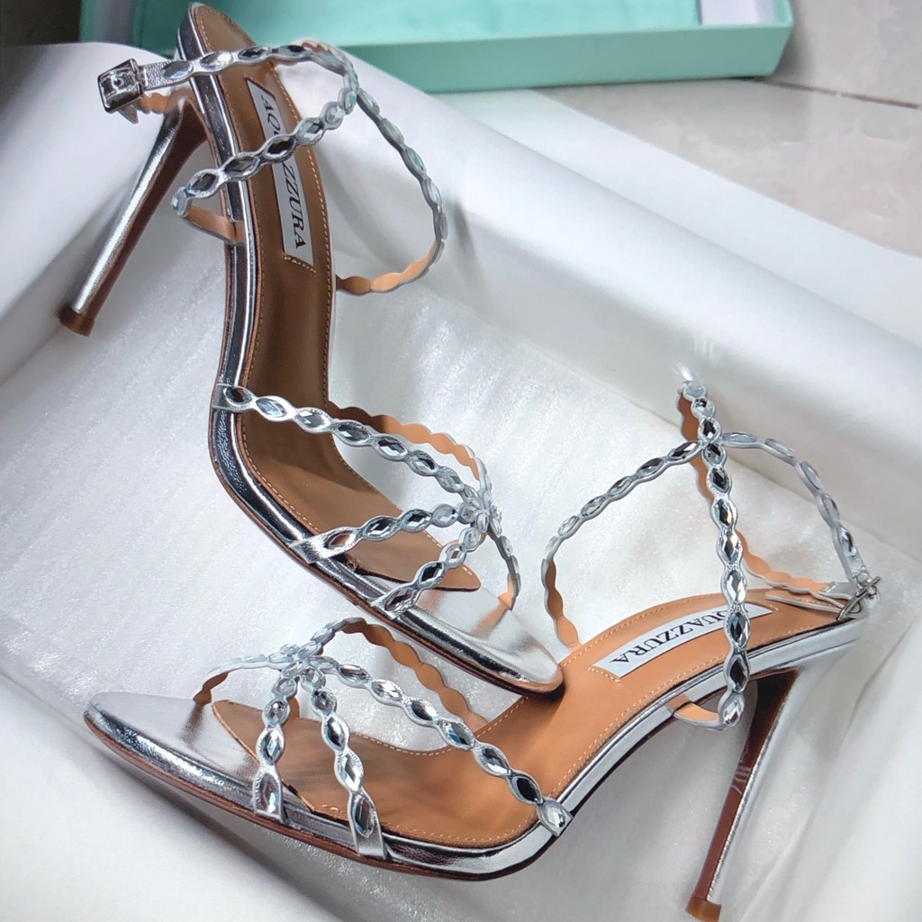Aquazzura Silver Braided Strap Stiletto Sandals